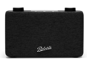 FM-tafelradio Roberts Play 11 zwart, vooraanzicht, compact rechthoekig behuizing van zwart textiel, twee grote ronde zwarte knoppen bovenaan en wit Roberts-logo gecentreerd onderaan