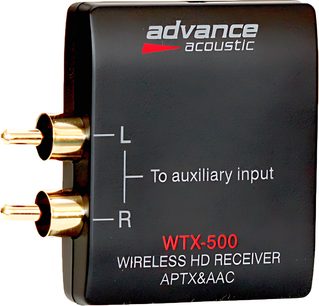 Trådløs sender Advance Acoustic WTX-500 sort, bagsigte der viser L, R-stik og aux-indgang