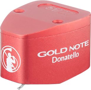 Zlata opomba Donatello živo rdeča gramofonska celica, zaobljena trapezoidna aluminijasta ohišja, bela znamka na vrhu