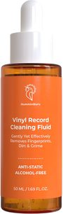HumminGuru dropper bottle of antistatic cleaning fluid for vinyl records, orange label and amber glass