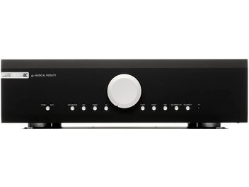 Предусилител Musical Fidelity M6s PRE в черно с кръгъл бял централен бутон и 10 подредени бутона отдолу