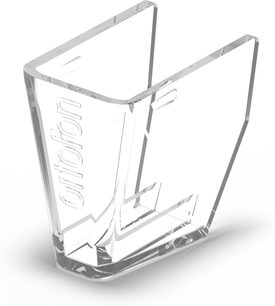Caurspīdīgs Ortofon atbalsts vinila plašu atskaņotāja kasetnei, V veida forma ar iegravētu logotipu trīs ceturtdaļu skatā