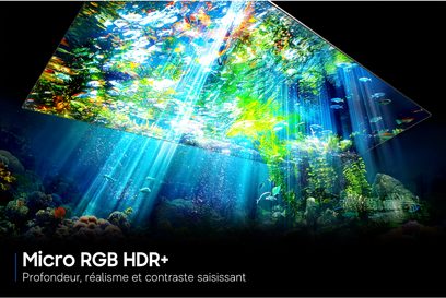 Televisore Samsung TMR55R85H 2026 con schermo ultrasottile, vista dal basso, visualizzazione subacquea molto luminosa