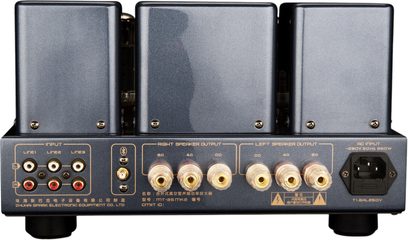 Cayin MT-35MK2 integruotas stereo lempinis stiprintuvas su „Bluetooth“, mėlynos metalinės spalvos, galinis vaizdas: trys stačiakampiai dangteliai, auksiniai garsiakalbių gnybtai, RCA įėjimai ir maitinimo lizdas