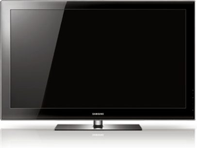 Samsung PS50B550 50-tommer TV, sort slukket skærm, grå metallic ramme, frontvisning på grå baggrund