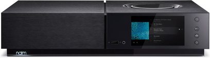 Must Naim Uniti Nova stereo-hifi-võimendi, esivaatest, puutetundlik ekraan kuvab sinist pilti, harjatud alumiiniumist esipaneel