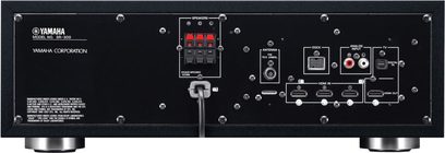 Yamaha YHT-S300 sort hjemmebiograf-system i sort, set forfra, med tilslutninger og kontrolknapper på bagpanelet