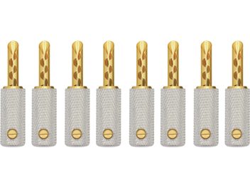 Fichas banana Wireworld Uni-Term gold conjunto com 8 conectores de áudio dourados com corpo serrilhado prateado alinhados