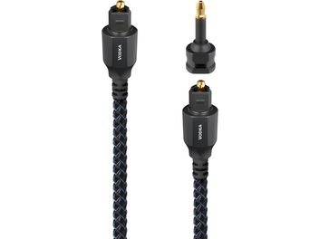Kabel optyczny cyfrowy Audioquest Vodka optyczny 0,75 m, czarno-niebieska pleciona osłona z włókna syntetycznego, czarne plastikowe końcówki z pozłacanymi złączami Toslink oraz adapterem mini-Toslink, widok z przodu