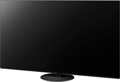 Panasonic TX-55JZ1500E fladskærms-TV, rektangulær sort skærm slukket på cirkulær fod, set forfra