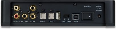 Arcam irDAC sort DAC-konverter, bagside, digitale og analoge lydstik, USB-porte, 12V strømforsyning