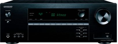 Onkyo TX-SR393DAB sort hjemmebiografsforstærker, front, forfra, grønt display, sølvfarvede knapper og drejeknapper