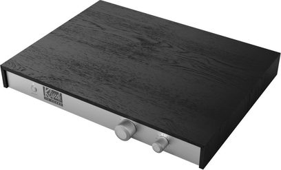 Sloupcový reproduktor Klipsch Jubilee v černé saténové barvě, pohled shora, obdélníkový dřevěný kryt v matné černé barvě, stříbrné ovládací prvky