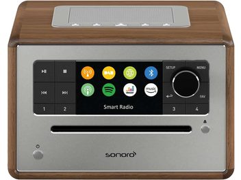 Sonoro Elite tafelradio in notenhout en zilver, houten behuizing, metalen voorkant, LCD-scherm, knoppen in verschillende kleuren