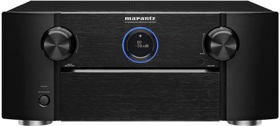 Marantz SR7005 sort hjemmebiografsforstærker, frontpanel, frontvisning, blå skærm, sølvfarvede knapper og drejeknapper