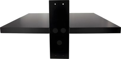Černý nástěnný nábytek pro gramofon s 2 obdélníkovými policemi a 3 kulatými otvory na svislé části, pohled zepředu