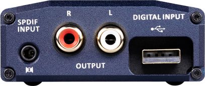Bærbar iFi Audio iDSD Micro Signature lydkonverter, set forfra, med RCA- og USB-stik, indgangsvælgere og digitalfiltervælger