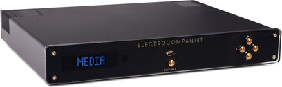 Electrocompaniet ECM 1 MKII sort netværksaudioafspiller, front med blå "MEDIA"-skærm, 4 forgyldte knapper til højre