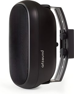 Black oval ArtSound ASW550 outdoor speaker with fine grille and adjustable metal wall mount, side view