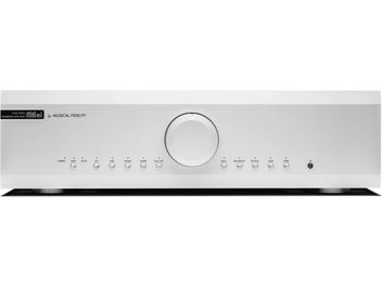 Integreret stereoforstærker Musical Fidelity M6xi sølv, frontpanel med stor central volumenkontrol og kildevælgere