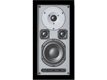AudioVector R INWALL Signature indbygget væghøjttaler i sort, set forfra, rektangulært metalhus med sort ramme, cirkulær diskant øverst, to små firkantede mellemtoneenheder i midten og stor rund woofer nederst