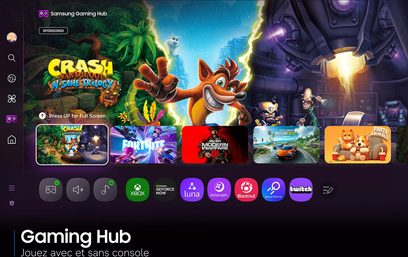 Samsung TQ48S92H 2026-tv, der viser Gaming Hub-grænsefladen med Crash Bandicoot på startskærmen