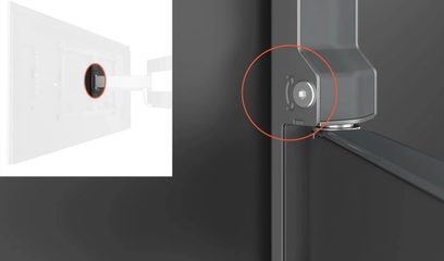 Siyah Vogel's Elite TVM 5845 TV duvar askı aparatı, turuncu daire içine alınmış eklem ayar vidasının yakın çekimi