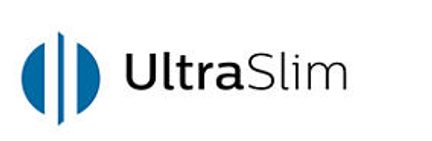 UltraSlim-logo i blå og sort på hvid baggrund, bestående af en cirkel delt lodret og teksten "UltraSlim" til højre for cirklen