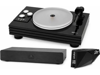 Černý gramofon Music Hall mmf-11.1 s šedým talířem, předzesilovačem Atoll PH200 a přenoskou Ortofon 2M LVB 250