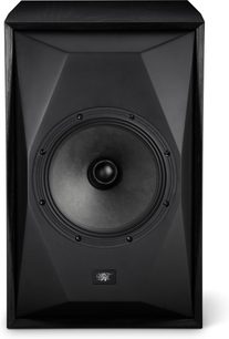 Enceinte bibliothèque Mofi Electronics SourcePoint 8 noire, vue de face, grand haut-parleur coaxial central