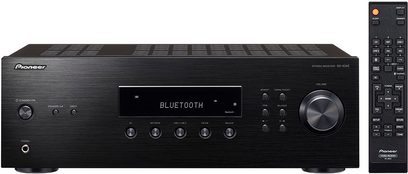Pioneer SX-10AE sort hi-fi stereforstærker, frontvisning, "BLUETOOTH"-display, kontrolknapper og -hjul, USB-port