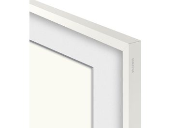 Samsung The Frame 55-inch white TV frame, thin matte bezel, close-up view of upper corner