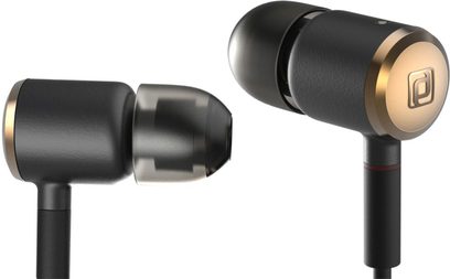 Åbne hi-fi hovedtelefoner fra Periodic Audio Beryllium, sort og guld. To metalintra-auriculære øretelefoner set fra siden