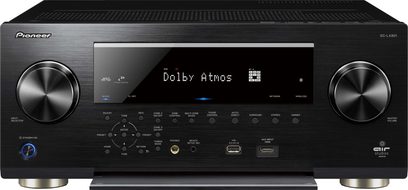 Pioneer SC-LX801 sort home cinema-forstærker, set forfra, viser "Dolby Atmos", knapper og tilslutninger på forsiden
