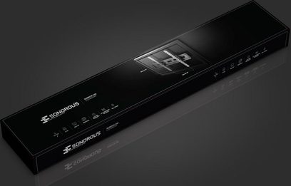 Vægmonteret TV-beslag Sonorous SUREFIX340 sort, set forfra, med LED-display der viser funktioner og kompatibilitet