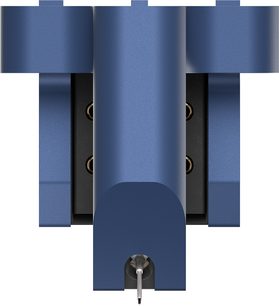 Testina per giradischi hi-fi Ortofon MC 90X vista frontale, corpo blu metallizzato, puntina visibile in basso