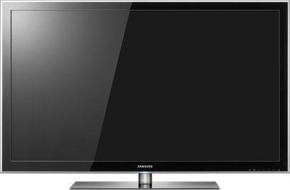 Τηλεόραση Samsung UE40B8000 σβηστή, μαύρη οθόνη, λεπτές άκρες, ορθογώνια μεταλλική γκρι βάση, κεντρικό λογότυπο