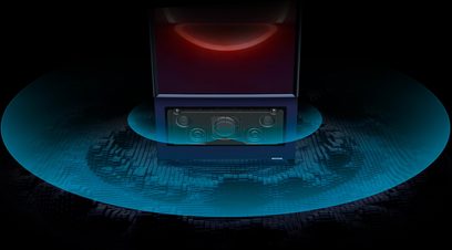 Samsung The Sero QE43LS05T-tv, set forfra, blå turkis skærm tændt, rektangulær blå base, diffus rød belysning