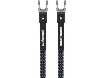 Kabel ThunderBird GroundGoody 1,5 m, pohled zepředu, kovové stříbrné konektory, černý a modrý opletený plášť, bílé nápisy