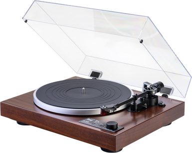 Hi-Fi gramofon Dual CS 529 BT WN v ořechovém provedení, obdélníkový dřevěný rám v hnědé barvě, černý otočný talíř s hliníkovým lemováním, černé rameno na pravé straně, průhledný kryt ve zdvižené poloze, pohled zepředu ze tří čtvrtin
