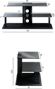 Erard First 2581 sort TV-møbel i glas og metal, 2 hylder, mål 108x97x45 cm, set forfra og fra siden