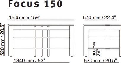 Schroers & Schroers Focus 150 audio-videomøbel, set forfra med dimensioner, lys træstruktur med 8 rum