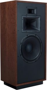 Reproduktorová sestava Klipsch Forte IV Auburn, dřevěná skříň, černý přední panel, velký woofer a dva výškové reproduktory, pohled ze tří čtvrtin