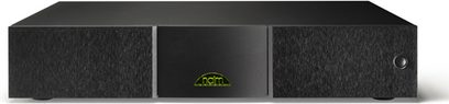 Naim Audio NAP250 sort effektforstærker, set forfra, aflang rektangulær form, mat sort front med grønt logo i midten