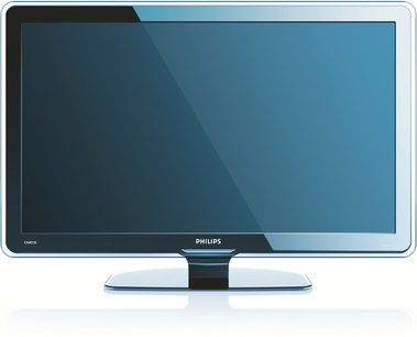 Philips 42PFL5603H fladskærms-tv med sort ramme, sølvfarvet fod og mørkeblå baggrund på skærmen