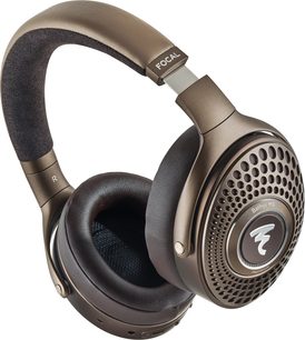 Draadloze hifi-hoofdtelefoon Focal Bathys MG met bruine gewatteerde hoofdband, geperforeerde ronde oorkussens en zwarte oorkussens