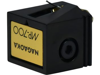 Diamond stylus for Nagaoka JN-P700 turntable cartridge, rectangular black plastic case with inverted yellow MP-700 label, side hex screw, and visible metal cantilever, three-quarter front view