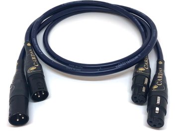 Niebieski kabel audio XLR Cardas Crosslink 2 m z dwoma wtykami XLR męskimi i dwoma żeńskimi widziany w dużym zbliżeniu