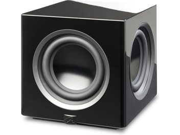 Caixa de graves MartinLogan Abyss 10 preto laqueado, formato cúbico, frente e lateral com alto-falantes visíveis