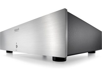 Condizionatore di rete AC-4500 in alluminio con pannello frontale spazzolato argento, pulsante circolare, logo Inakustik e piedini neri